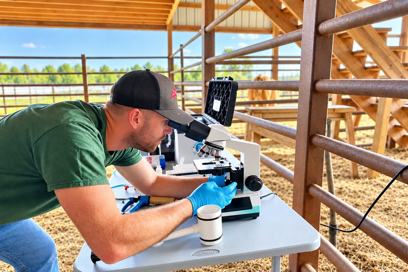 A Heritage veterinarian running diagnostics on a field microscope in a barn